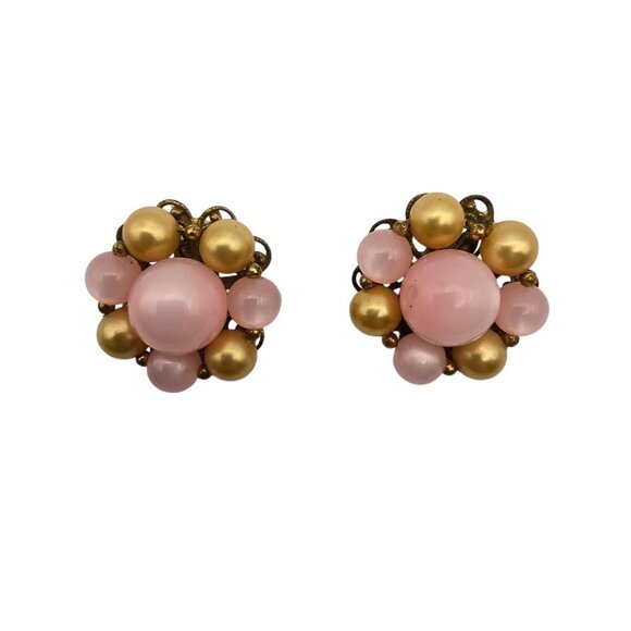 Vintage Pink & Gold Toned Cluster Floral Round Clip On Non Pierced Ear Earrings - Picture 1 of 9